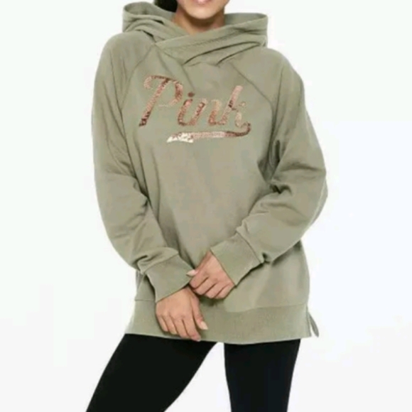 PINK Victoria's Secret Sequin Hoodie Light Green with Pink Sequins Size XS - Picture 2 of 15
